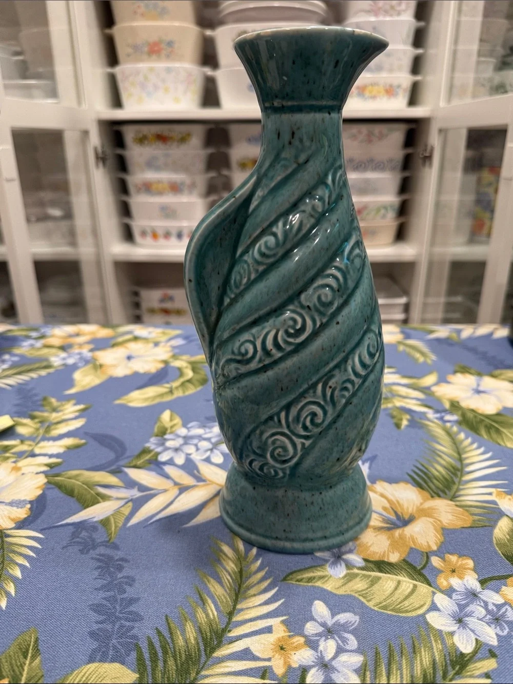 Teal Ceramic Decorative Vase with Swirl Motif